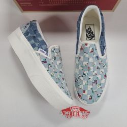 Vans Classic Slip-On Stackform Platform Woven Denim Floral Sneakers Women 8
