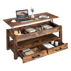 FABATO 23 Inch Lift Top Rustic Open Storage Coffee Table with 2 Drawers, Brown