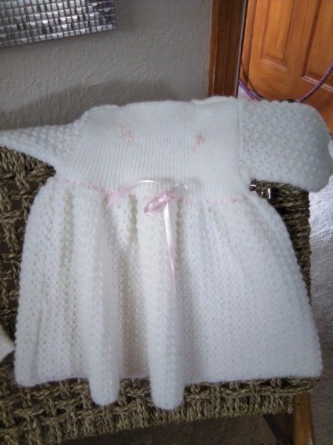 Crocheted  6mo. White Dress, Pink Sweater And 4 Hats