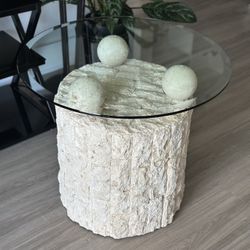 Vintage Postmodern Sculptural Stone Accent Table w/ Glass Top