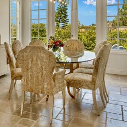 Italian Designed  Oval Ogee 1/2. S  Shaped Glass on a Gold Patina Metal + 8 Velvet Chairs