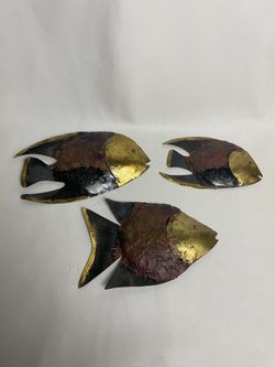 Mid Century Modern Brutalist Metal Art Fish Vintage Wall Sculptures Brass Copper painted red gold black Set of 3 Made In Mexico