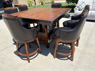 Solid Wood Counter Height Dining Table  & 6 Swivel Stools