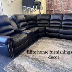 Black Bonded Leather Sectional Recliner 