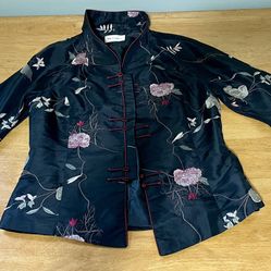VTG Keke Collection Asian Silk Jacket Sz L. Bell sleeve Floral Embroidery button 