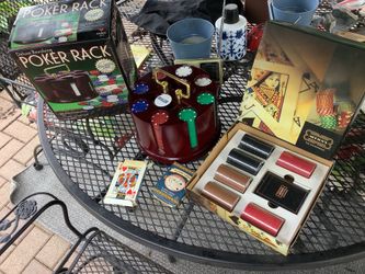 Vintage Poker Chip Set Two Card Deck Wooden Carousel Rack Texas Hold Em Dealer all chips present, everything works in original box Also brand new Mort