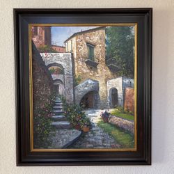 Original oil painting of cityscape on canvas