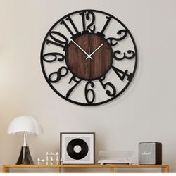 Brand New 16” Farmhouse Wall Clock – Silent Non-Ticking Metal & Wood Wall Decor (Black/Brown)