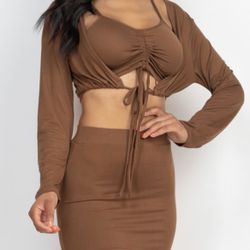 Brown Skirt Cover Crop Top Set Small