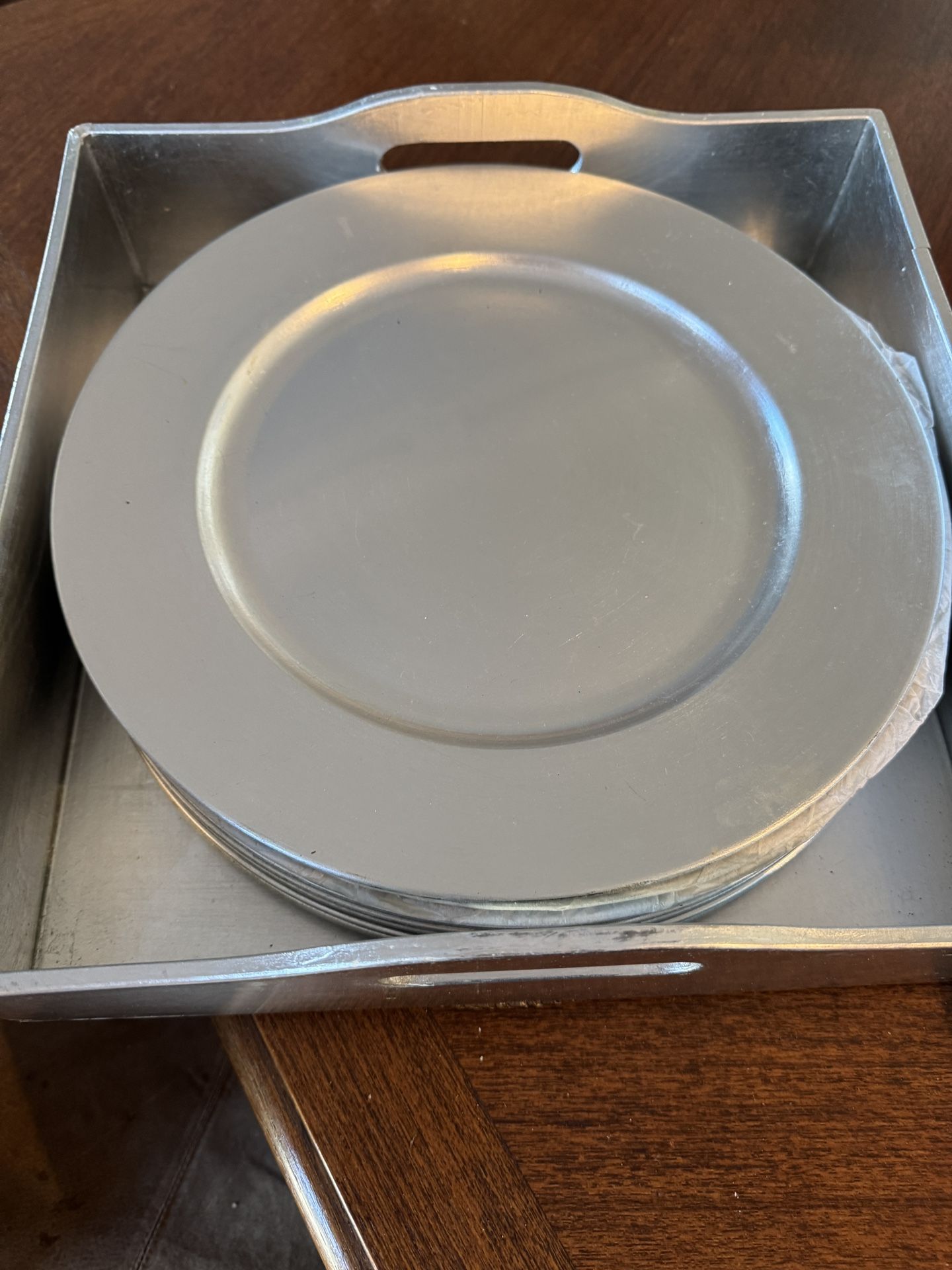 8 Silver Chargers With Storage Container