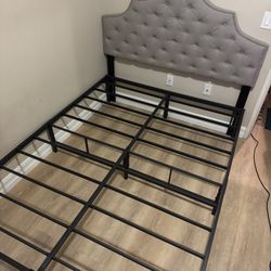 Queen Sizes Bed Frame With Grey Fabric Headboard 