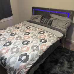 Upholstered bed frame with adjustable charged LED Headboard and storage drawers