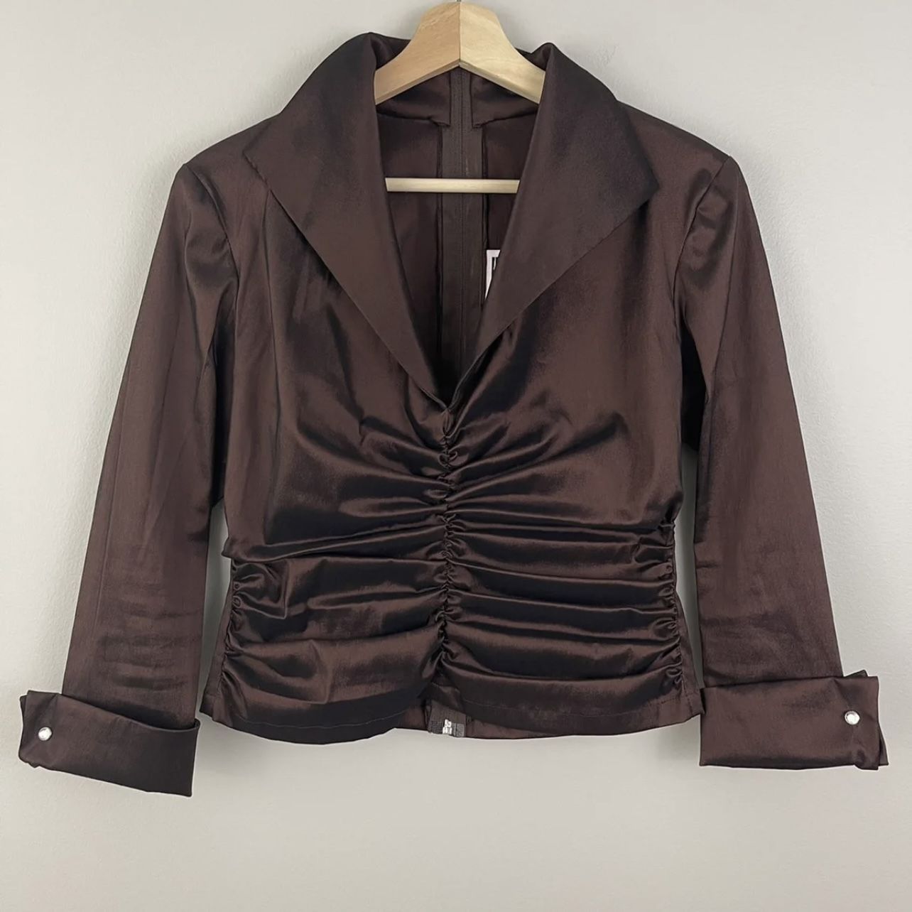 TADASHI SHOJI Dark Brown Taffeta Ruched Formal Fitted Top