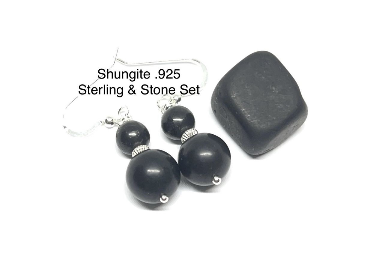 Shungite Genuine Stone & .925 Sterling Silver Earrings Set