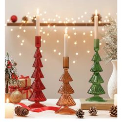 Set of 3 Christmas Tree Glass Candle Holders Red Green Amber
