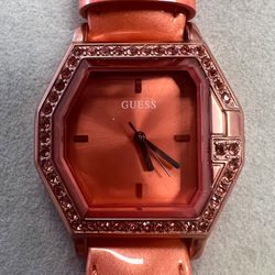 Guess Coral Orange Patent Leather Crystal Glitz Watch