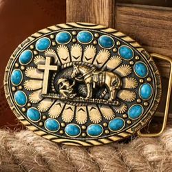 Western Oval Cowboy Praying At Cross Horse Turquoise Color Accents Belt Buckle All Sold Separately SHIPPING AVAILABLE 