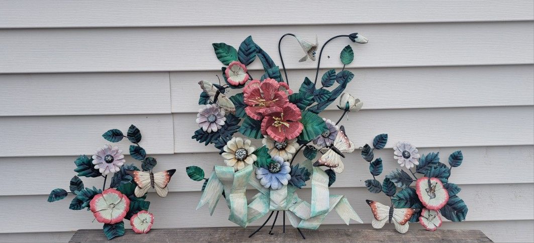 Vintage 3 Pc. Metal Flowers Butterfly Wall Hanging, Patio Yard Art Decor