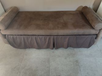 "Cozy Brown Suede Daybed with Bolsters - Stylish & Affordable. I'm