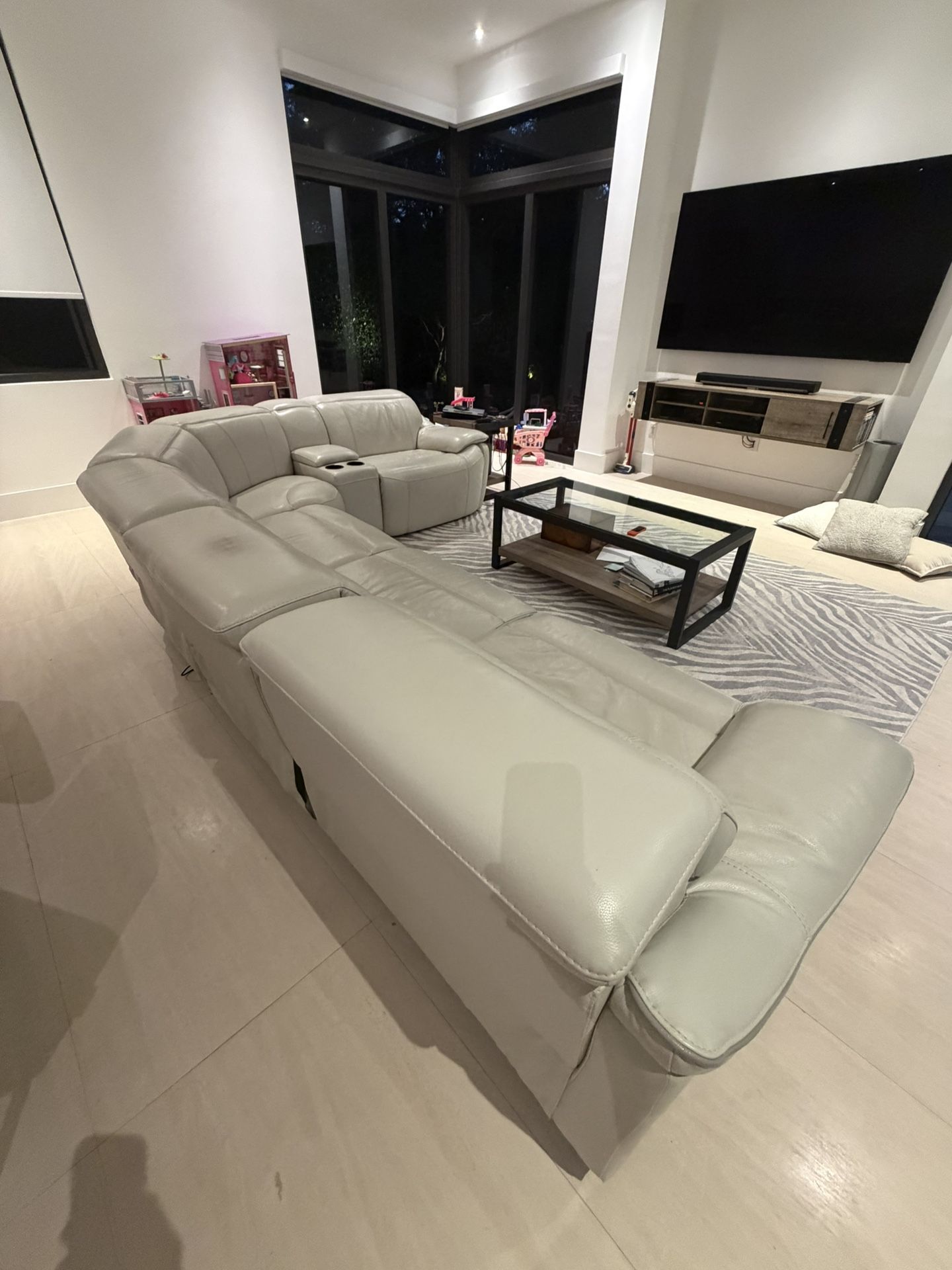 Leather Sectional Sofa couch with power recliner (off white/cream, light grey) - $600 (Pinecrest)