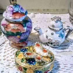 Vintage  Miniature Teapot Trinket Box, Floral Butterfly Trinket Box And Vintage Chinese Gold Trimmed Floral Ginger Vase/Jar