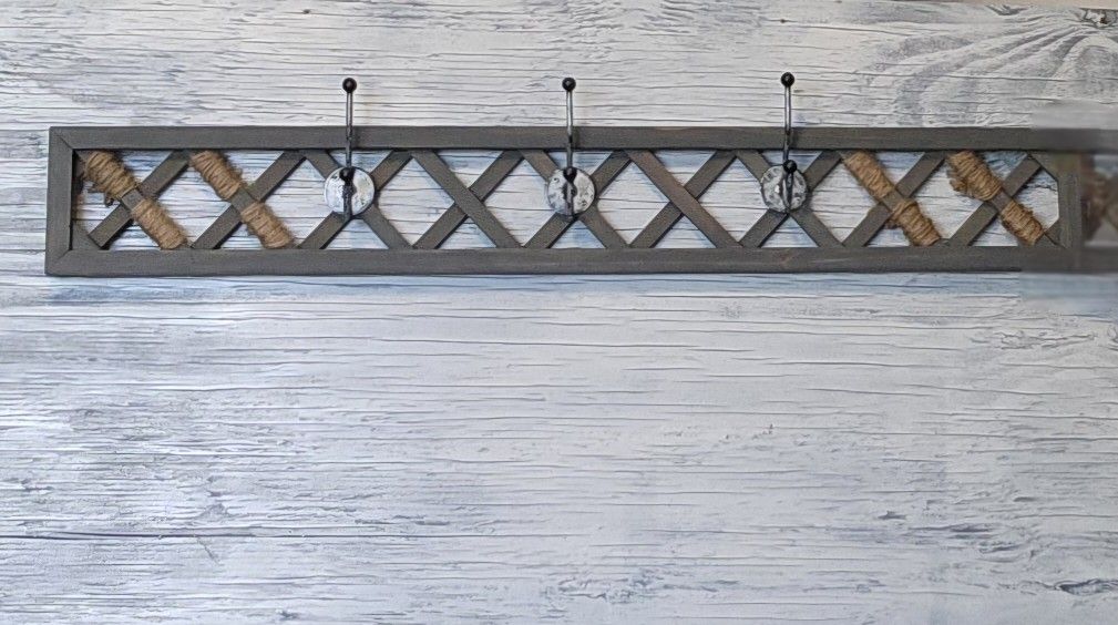 Handcrafted Light Gray Wooden Wall Rack with Weathered Metal and Black Hooks