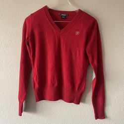 Ariat, Womens Red Gray Elbow Patches Merino Wool Blend V Neck Sweater, Size M