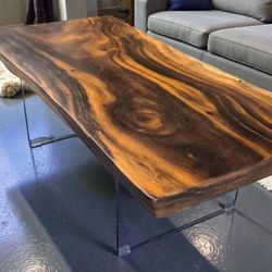 Reclaimed Monkey Solid Wooden Slab Coffee Table On The Glass Lags 
