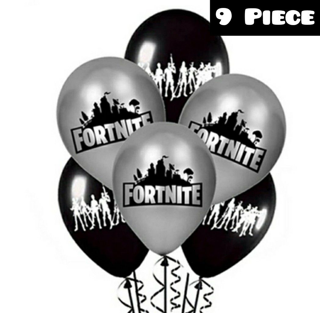 9 Piece Fortnite Black & Silver Latex Balloons