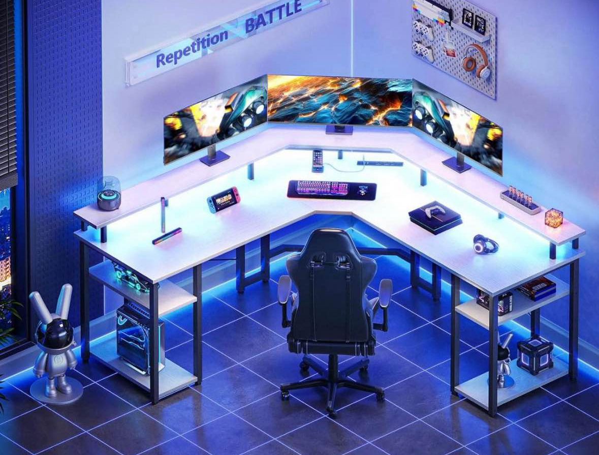White 56 Inch L-Shaped Computer Gaming Desk – Reversible Corner Workstation with LED & Power