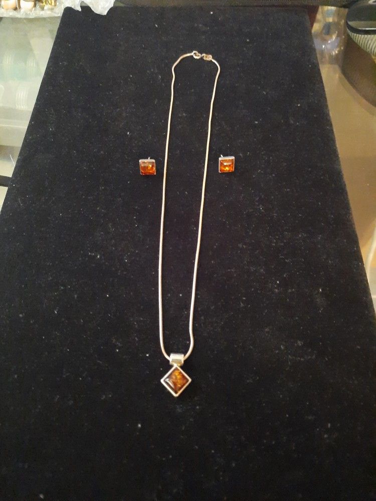 Sterling Silver Necklace with Sterling Silver Charm with Amber and Sterling Silver Earrings with Amber