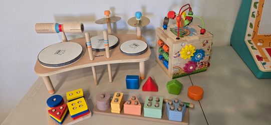 Wooden Toddler Learning Toy Bundle (VanPlay Drum Set & Activity Cube)