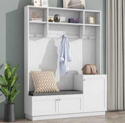 NEW White Modern White Freestanding Hall Tree with Cushioned Storage Bench, 3-Hooks and Shelves