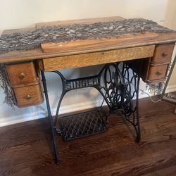 Antique Singer Sewing Table On Treadle Base