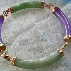 14K Gold Green/Lavender Jade Link Bracelet