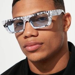 White Black Marble Rectangular Sunglasses Y2K Retro Fashion Shades UV Style