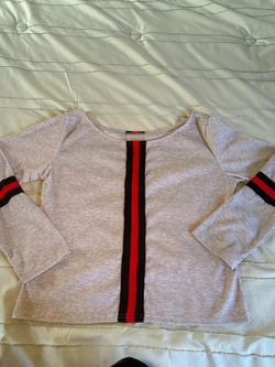 Large Gray Ribbed Long Sleeve Top with Red & Black Stripe Detail
