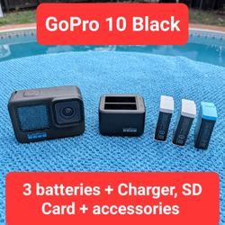GoPro 10 Black w/ 3 batteries, SD Card & charger - LIKE NEW 