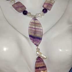 Vintage Fluorite, Amethysts, Pearls,925ss, 18" Necklace 