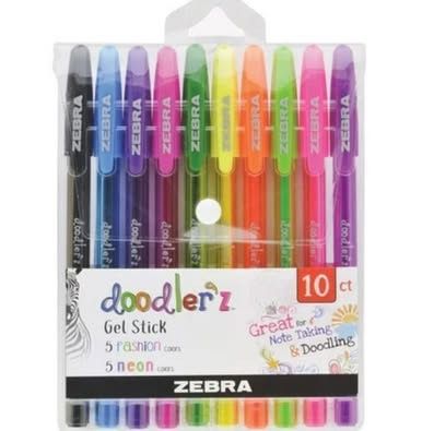 Zebra Pen Doodlerz Gel Stick Pen, Bold Point, 1.0mm, Assorted Neon Colors, 10 Pack
