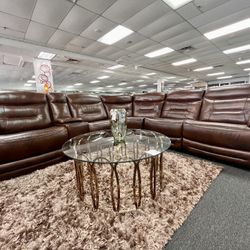 KUKA TOP GRAIN LEATHER SECTIONAL W/ POWER HEADREST FOOTREST & CENTER CONSOLE CORDLESS PHONE CHARGER 