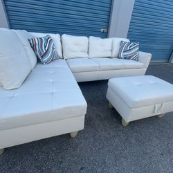 White L-Shaped Leather Sectional with Ottoman