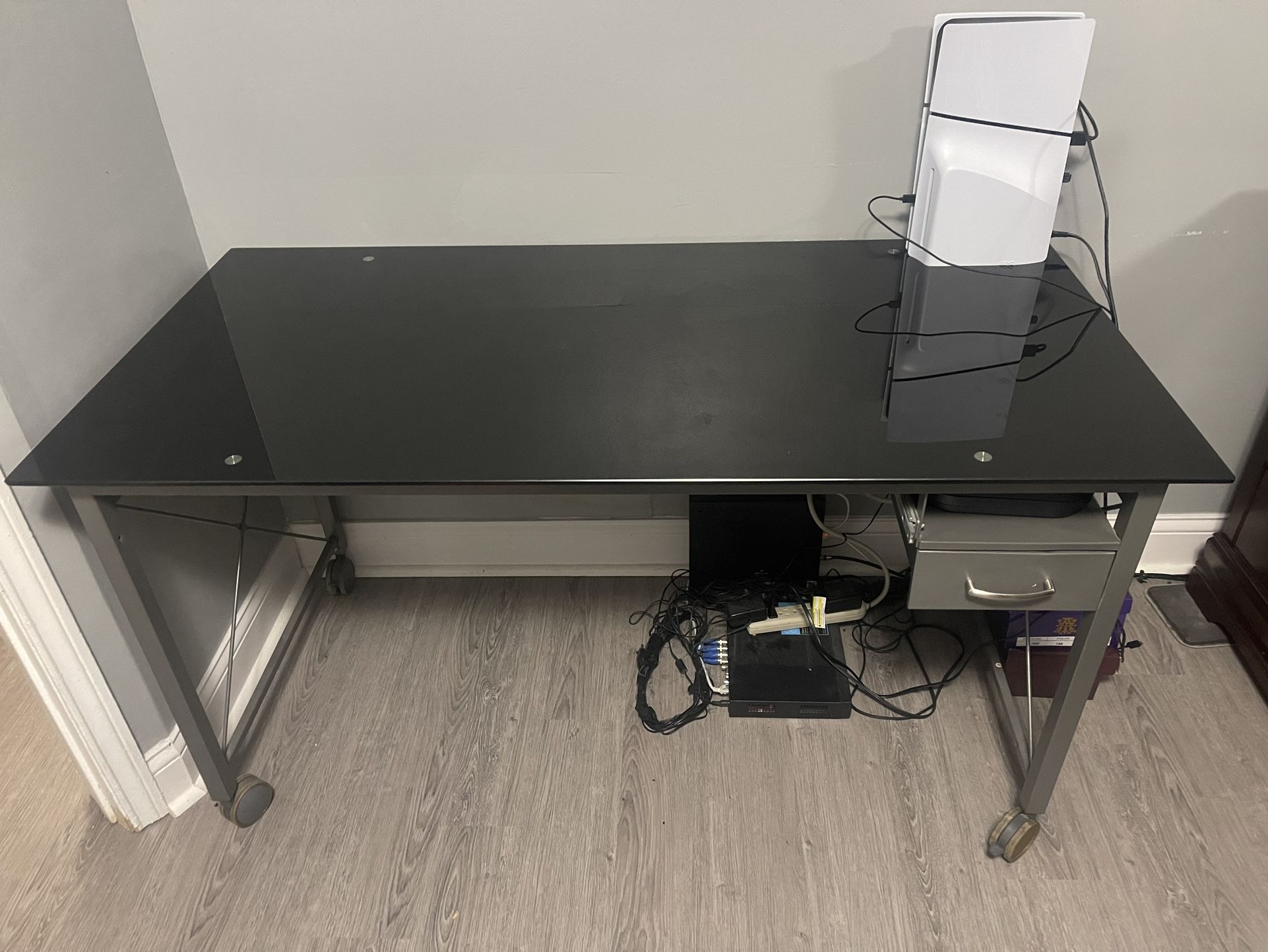 glass table with drawer and shelf