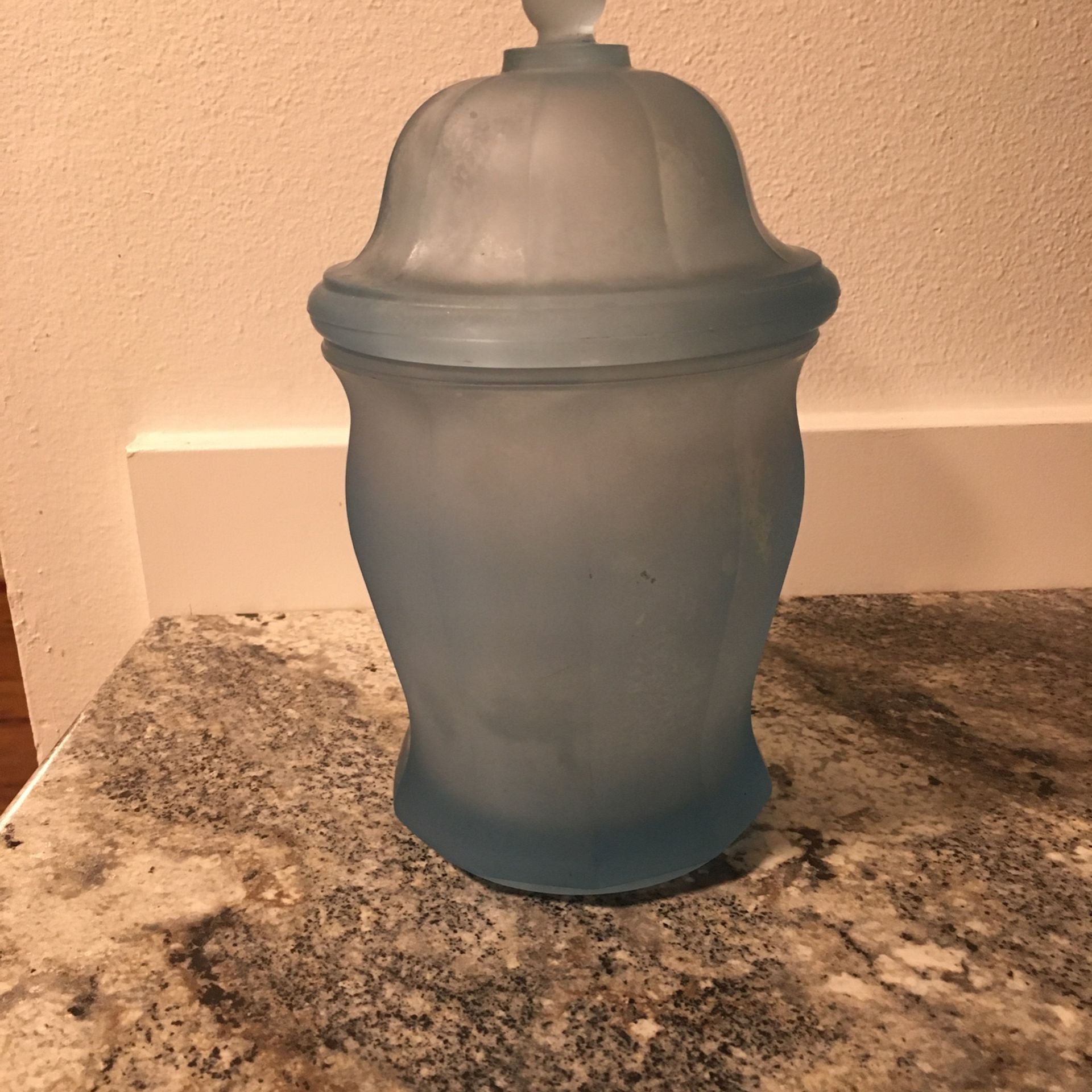 Vintage INDIANA GLASS Satin Frosted Blue Glass Apothecary Jar with Lid 10 inches