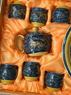Brand New Chinese Dragon Ceramic Tea Set – Teapot, 6 Cups & Tea Tray