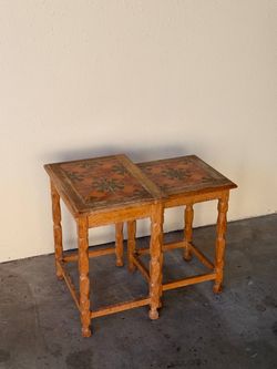 Vintage Danish Oak Nesting Tables with Decorative Tile Inlays
