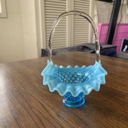 Vintage Fenton Small Blue Frosted Glass Basket