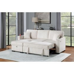 Corduroy Sectional Sofa With Storage Chaise And Pull Out Sofa Bed 