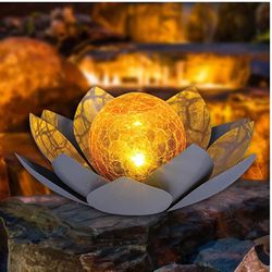 Solar Lights Outdoor Garden Decor , Amber Crackle Globe Glass Lotus Decoration,Waterproof Gray Metal Flower Light for Patio,Lawn,Walkway,Tabletop,Grou