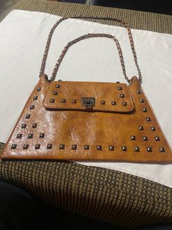 Tan Stud-Decorated Shoulder Bag